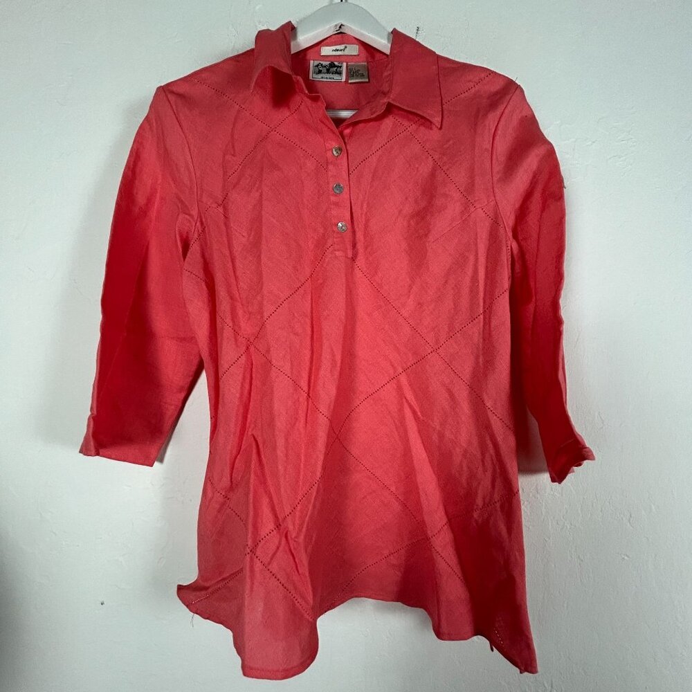 Edward Womens Irish Linen Blouse Top Popover Coral 3/4 Sleeve Size Large Casual
